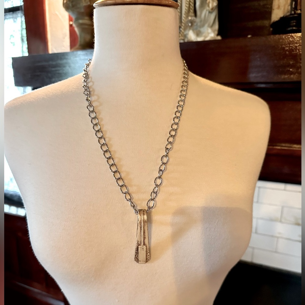 Vintage distressed silverware spoon handle pendant on silver chain